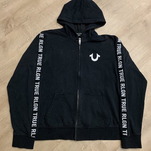 True Religion Full Zip Hoodie Men's Large L Black Side Taping Sleeve Sweatshirt - Picture 1 of 8